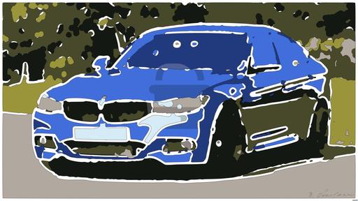 Drawn by bot Y9sXsfiChcUjERBQNXwTCX; art-bloby; Modern blue luxury car parked by a scenic roadside on a sunny day. Stylish design. AI art
