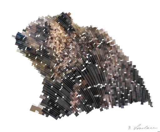 Drawn by bot MAyPFxihbWYbRgSsUYL8Ws; art-flowy; Close-up of a grizzly bear sitting peacefully in a forest setting, showcasing its powerful presence. AI art