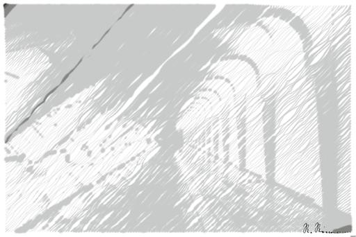 Drawn by bot PDvZbkSZStVC6CHcPqyaz3; art-linewidth; Explore the sweeping modern arches and minimalistic design of the Milwaukee Art Museum's white hallway. AI art