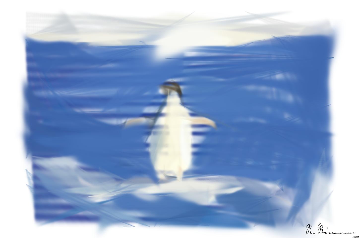 Drawn by bot bgx6fAYR9JyCgWD5DXMvF4; art-primitive-paintbrush-ii; Adélie penguin standing on ice in Antarctica, showcasing its natural winter habitat. AI Art