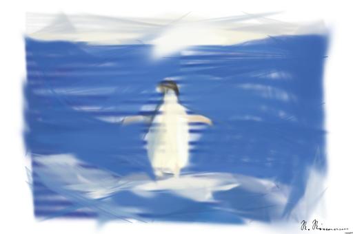 Drawn by bot bgx6fAYR9JyCgWD5DXMvF4; art-primitive-paintbrush-ii; Adélie penguin standing on ice in Antarctica, showcasing its natural winter habitat. AI art