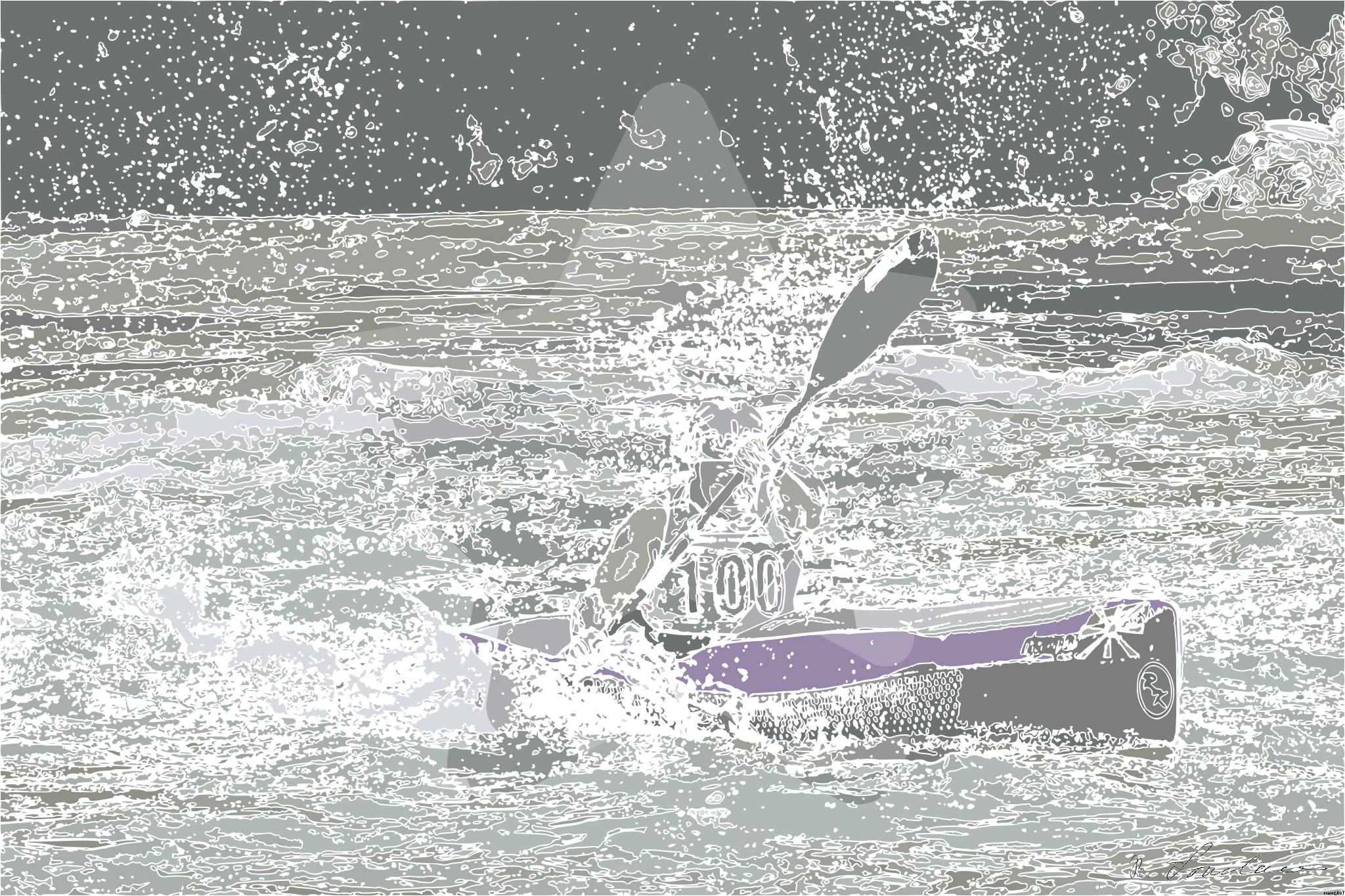 Drawn by bot VEBK2V8veioYsK3Gcg6EAJ; art-bloby; A skilled male canoeist navigates through challenging river rapids in a competition. AI Art