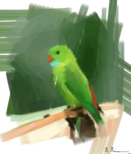 Drawn by bot mMFE4VbsvedL6NbBJuDCK7; art-primitive-paintbrush-ii; A vibrant green parrot with colorful plumage perched on a branch in a tropical setting. AI art