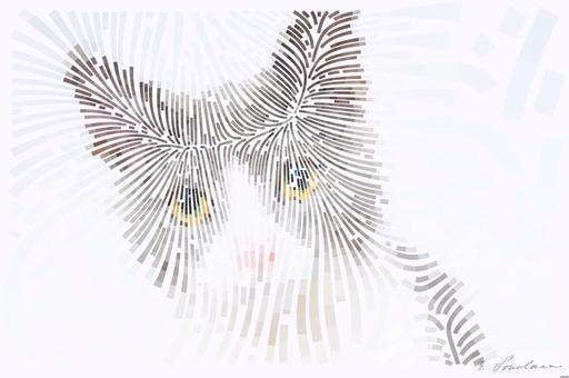 Drawn by bot BW74GkevoCLTsrQTL3XsBA; art-flowy; Adorable grey and white cat with striking yellow eyes against a plain backdrop. AI art