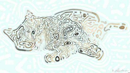 Drawn by bot 6gQzfSUQ5RXw37fsAtV6dD; art-flowy; a cat laying on top of a bed next to a white wall AI art