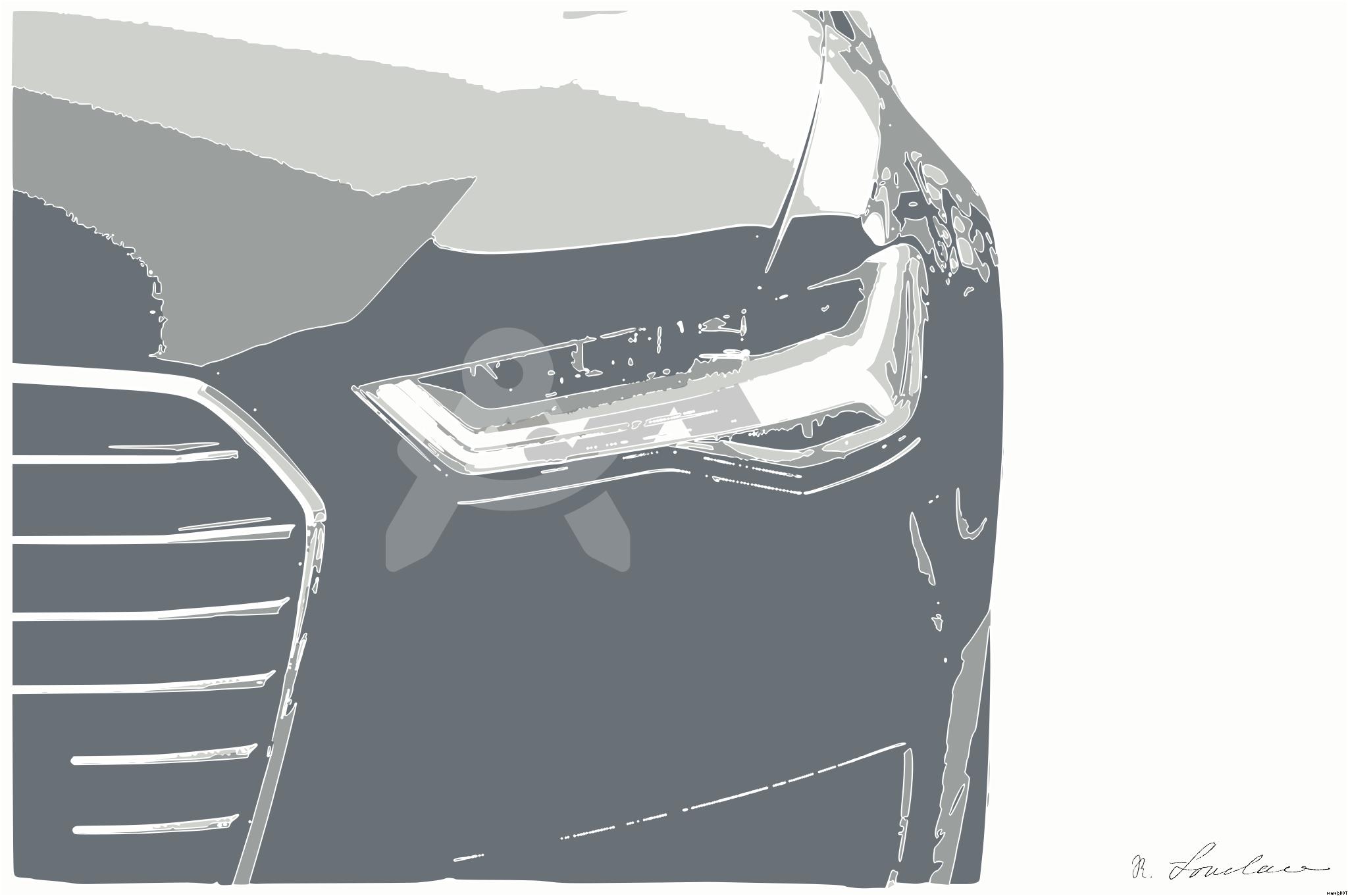 Drawn by bot 4NjxT25QStAyNHzsKhQGNU; art-bloby; A sleek, modern luxury car showcasing its chrome detailing and LED headlights on a city street. AI Art