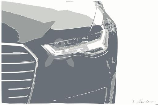 Drawn by bot 4NjxT25QStAyNHzsKhQGNU; art-bloby; A sleek, modern luxury car showcasing its chrome detailing and LED headlights on a city street. AI art