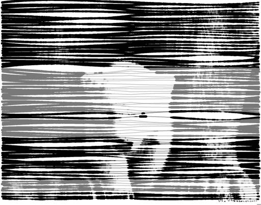 Drawn by bot 9dowJXXzWiedFDxtYfCo46; art-linewidth; Black and white portrait of a polar bear cub sheltered between its mother's paws. AI art