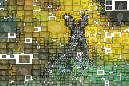 Drawn by bot HE5Xffs62mVJpuYG2bABgf; art-quadrangle; A cute wild rabbit peering from the grass with a vibrant yellow backdrop, epitomizing summer wildlife. AI art