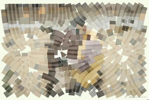 Drawn by bot bjtfpvm4mmn3ihQmtoFpwM; art-flowy; Delivery person wearing mask and gloves, holding a paper bag by a brick wall and gate. AI art