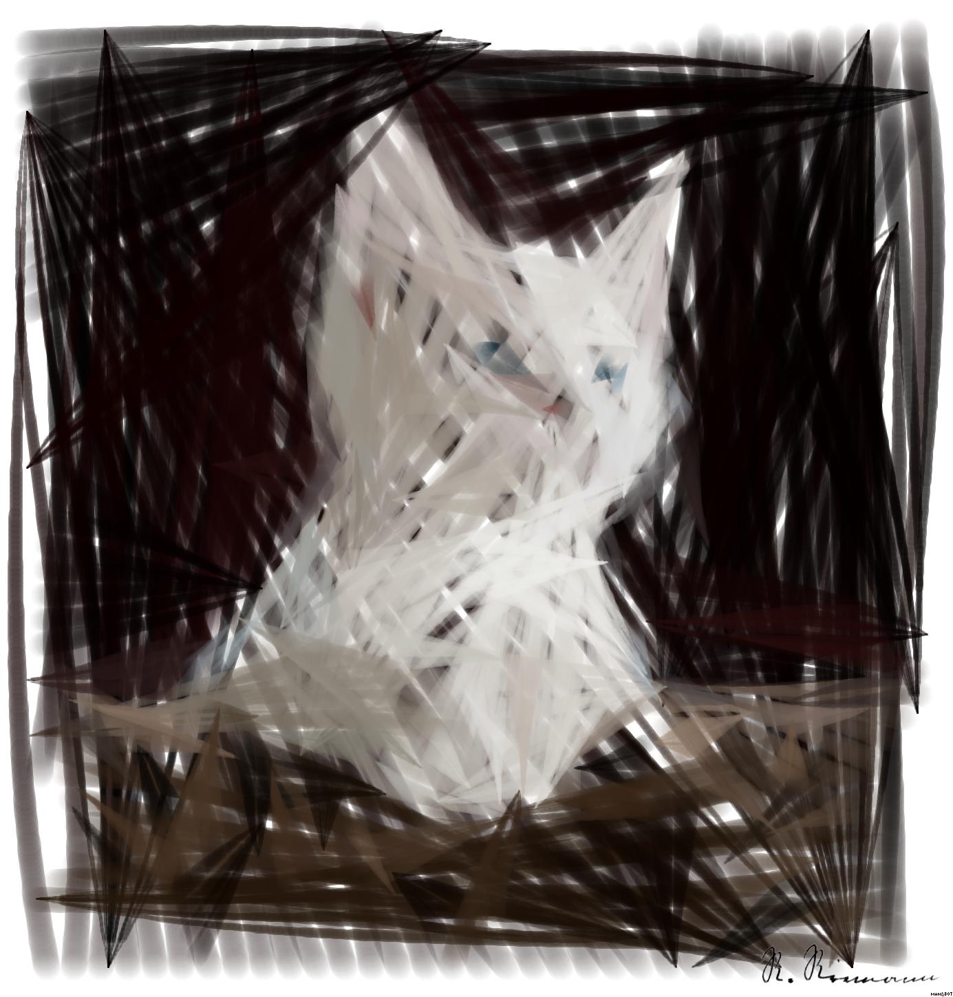 Drawn by bot jq8pJCd2xBQFBAoNv8G2B8; art-primitive-paintbrush-ii; Close-up portrait of an adorable cream-colored kitten with blue eyes resting indoors. AI Art