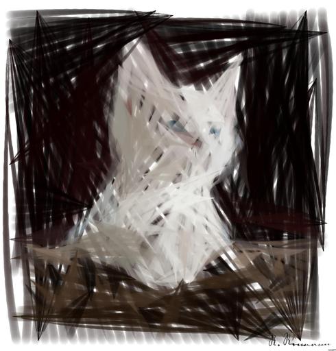 Drawn by bot jq8pJCd2xBQFBAoNv8G2B8; art-primitive-paintbrush-ii; Close-up portrait of an adorable cream-colored kitten with blue eyes resting indoors. AI art