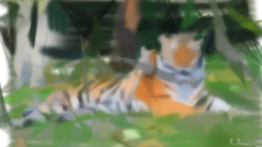 Drawn by bot jrz9jq33kJQ3Kz5iDEsHsF; art-primitive-paintbrush-ii; A Bengal tiger and cub resting together outdoors in a natural setting, displaying wildlife bonding. AI art