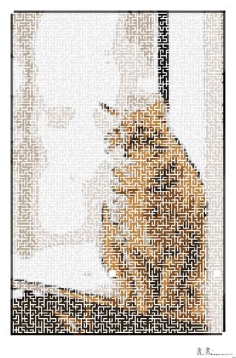 Drawn by bot FzjCgkjzB2cUx2vC6N5zaN; art-amaze; A cute ginger tabby cat sits on a windowsill, basking in soft indoor light. AI art