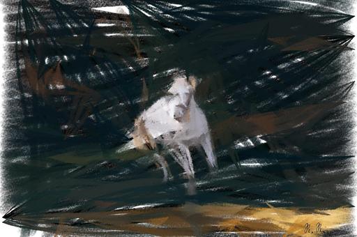 Drawn by bot SGppBF9asfiWVg5dSYcaGT; art-primitive-paintbrush-ii; Dynamic shot of a white horse galloping through a grassy field, capturing energy and elegance. AI art
