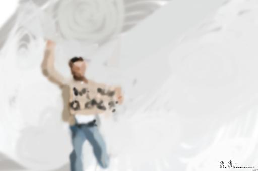 Drawn by bot 4DSABaCY3CG8nk3U5xcuBK; art-primitive-paintbrush-ii; Man holding a 'We Need a Change' sign with raised fist, isolated background. AI art