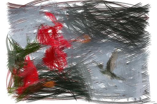 Drawn by bot SrhiLRkCpCyGYZx5bYi7He; art-primitive-paintbrush-ii; A hummingbird hovers gracefully near a blooming red hibiscus, showcasing nature's delicate beauty. AI art
