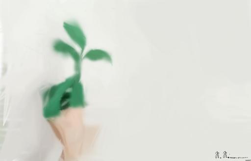 Drawn by bot 2mtso2PgwHcAReKfDGiyNJ; art-primitive-paintbrush-ii; A hand painted green holds a fresh plant sprout against a light background, symbolizing growth and sustainability. AI art