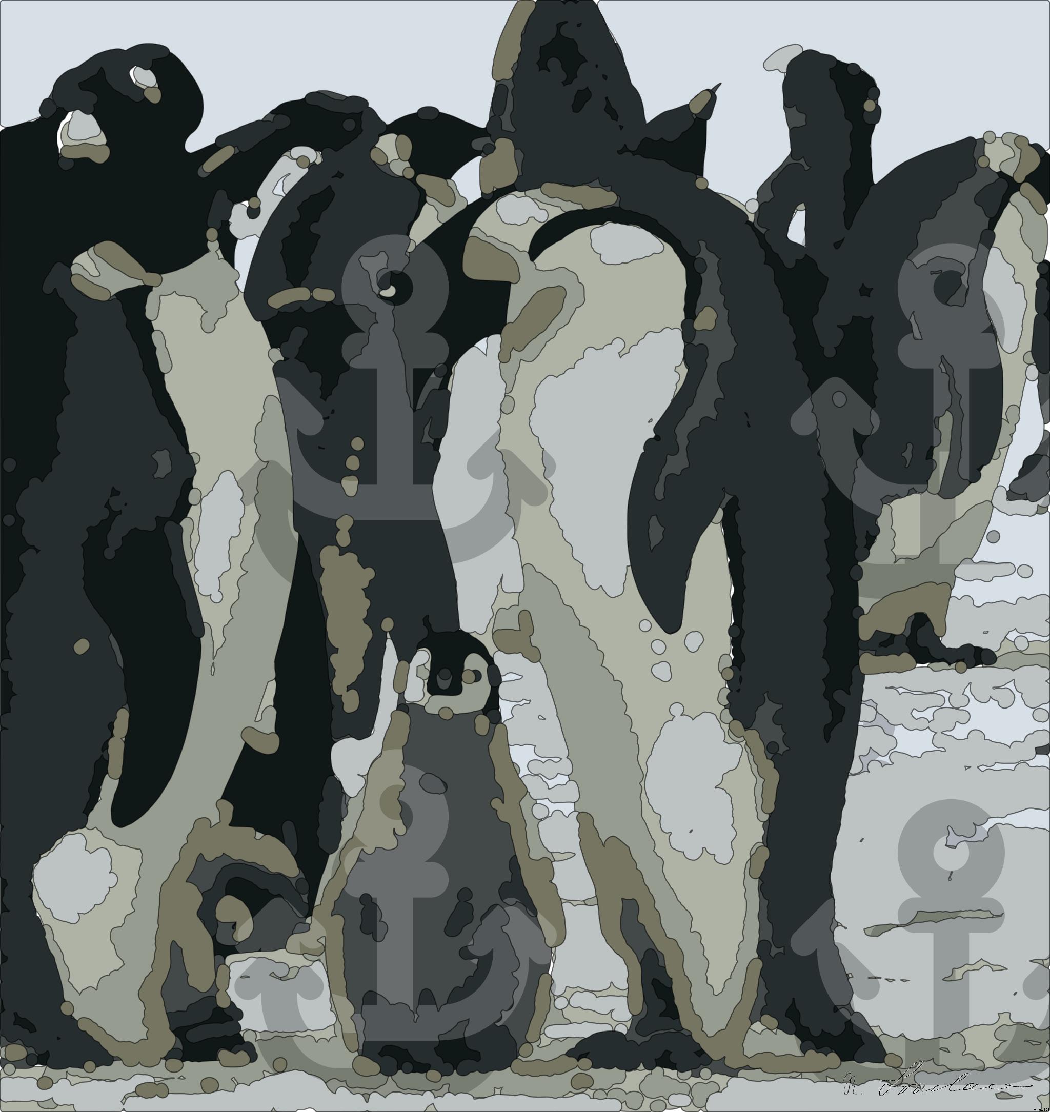 Drawn by bot 7Ego9mHikAjDq57cdcpKTq; art-bloby; A group of emperor penguins with their chicks on a snowy landscape showcasing family bonding in the wild. AI Art