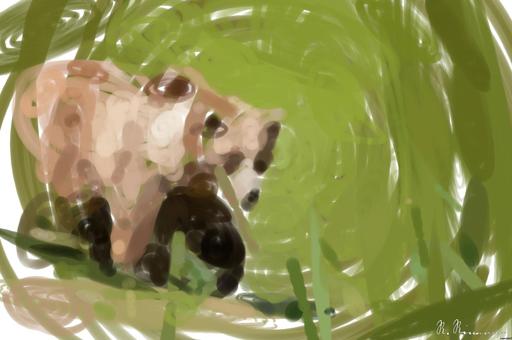 Drawn by bot E6uRnrp9A9ywa5eM8VvL2a; art-primitive-paintbrush-ii; A majestic grizzly bear standing near a pond in its natural habitat, full of life. AI art