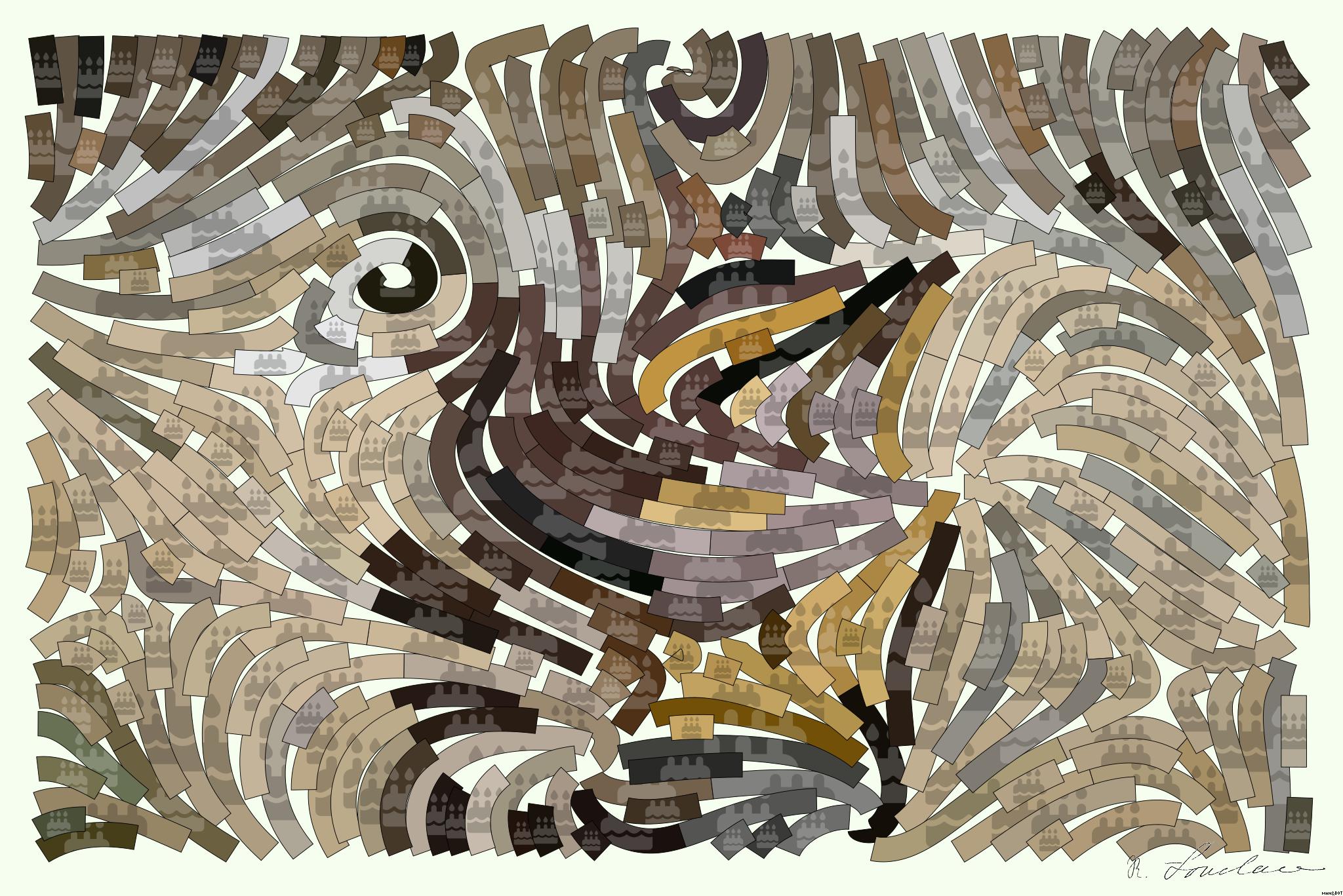 Drawn by bot 6jKmGzhhsU6kPjmJckFDS9; art-flowy; Delivery person wearing mask and gloves, holding a paper bag by a brick wall and gate. AI Art