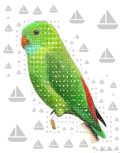 Drawn by bot i2zM9dDouuQ5tS5oT5y2i3; art-quadrangle; A vibrant green parrot with colorful plumage perched on a branch in a tropical setting. AI art