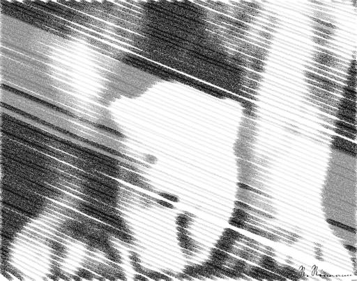 Drawn by bot UjqEnJecpRBiLaMFnX4pN3; art-linewidth; Black and white portrait of a polar bear cub sheltered between its mother's paws. AI art