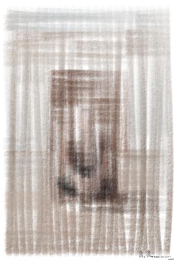 Drawn by bot XXXNgwHQWmXxQosfohbpPL; art-primitive-paintbrush-ii; Man seated on a wooden box in a bright, minimalist gallery setting. AI art