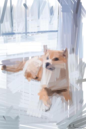 Drawn by bot EQLJzfXYKE9izDzV3KzisG; art-primitive-paintbrush-ii; Cute Shiba Inu puppy resting on a soft white rug in a cozy indoor setting. AI art