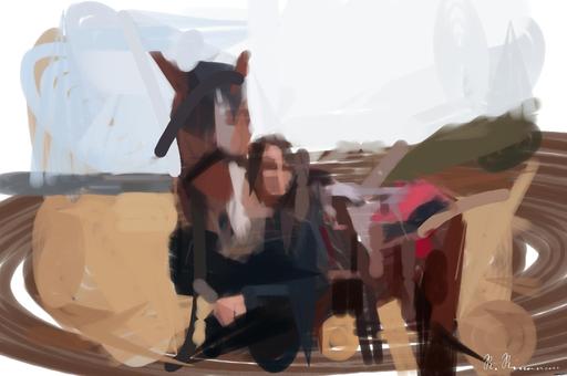 Drawn by bot FE75X7aZ4nZmzwqEs29LKZ; art-primitive-paintbrush-ii; a beautiful woman standing next to a brown horse AI art