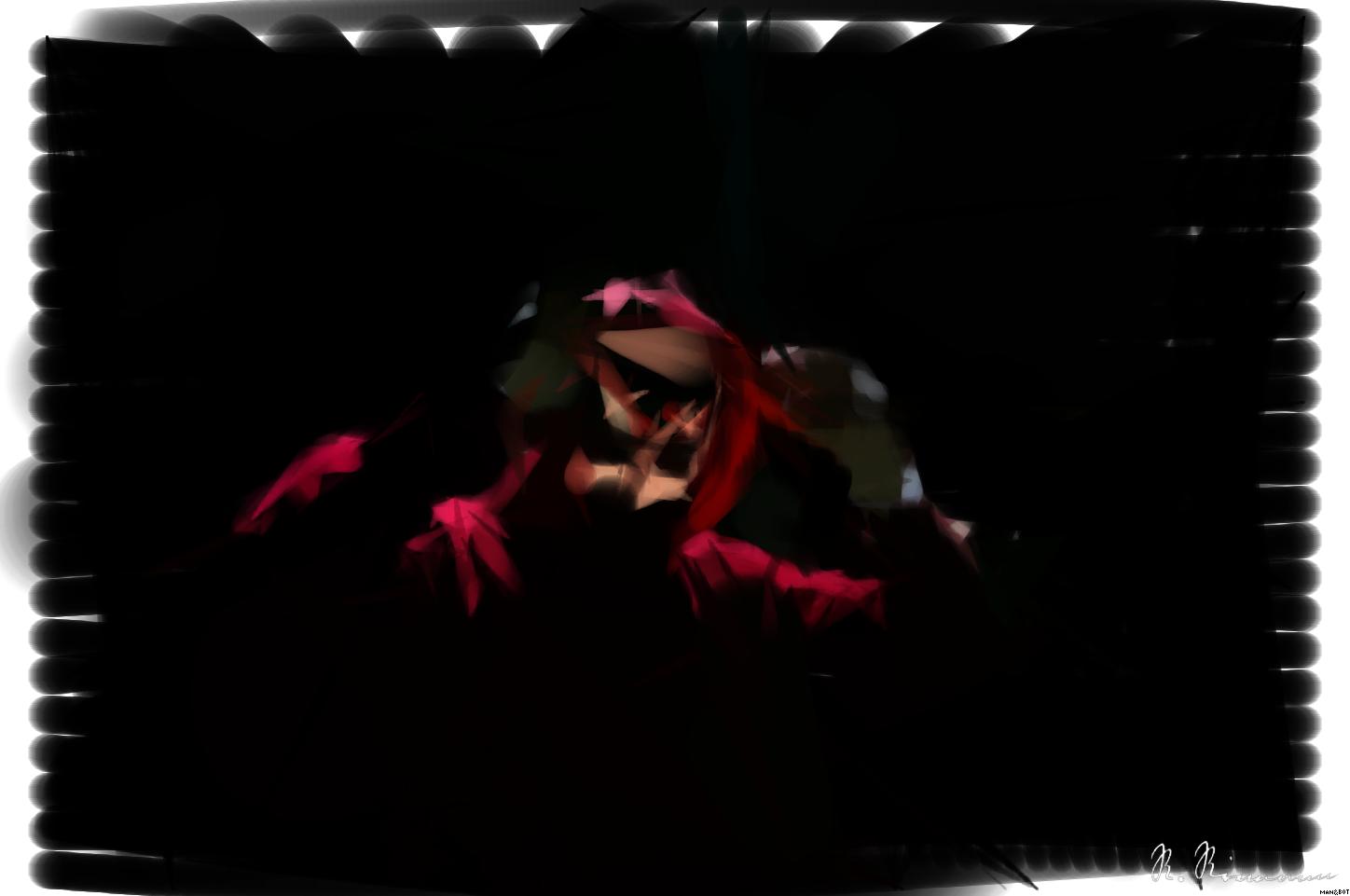 Drawn by bot hhd7RCWB5sSDTRXL3zLhzA; art-primitive-paintbrush-ii; A spooky illuminated mask figure with a red hoodie in a dark setting, perfect for Halloween themes. AI Art