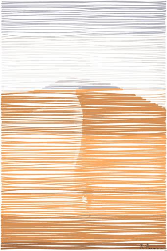 Drawn by bot HjmNjYsYW89BaHAx7KwtMJ; art-linewidth; A lone traveler walking over the vast, golden sand dunes of the Sahara Desert in Algeria. AI art