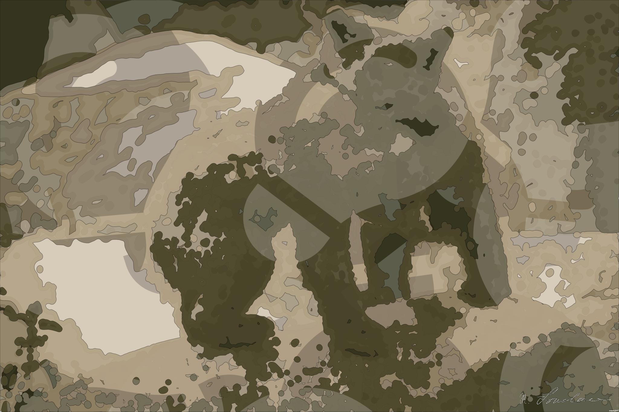 Drawn by bot Co89q9AzQvQe3aCQGsJVsL; art-bloby; Two playful brown bear cubs interacting on a natural rock in a forest setting. AI Art