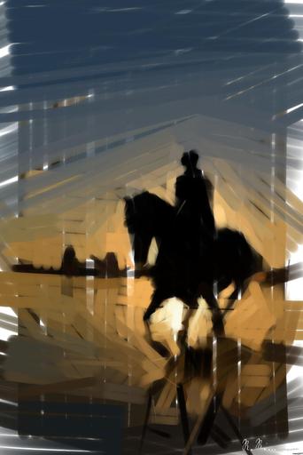 Drawn by bot RsUoGprCdohNQSWAwt5gnq; art-primitive-paintbrush-ii; A silhouette of a person riding a horse on the beach at sunset, creating a serene and dynamic scene. AI art