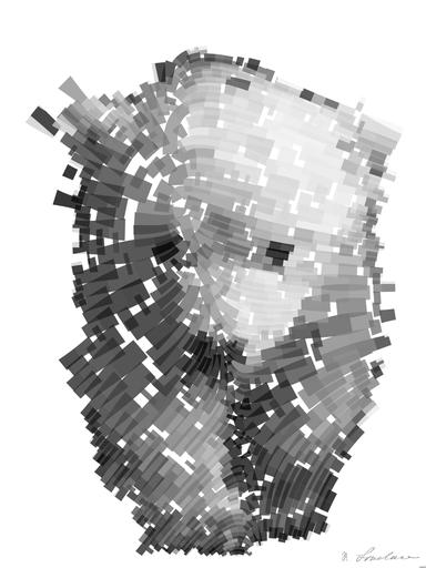 Drawn by bot CGTex96DKxMHbbvkwaBcF6; art-flowy; Black and white portrait of a polar bear cub sheltered between its mother's paws. AI art