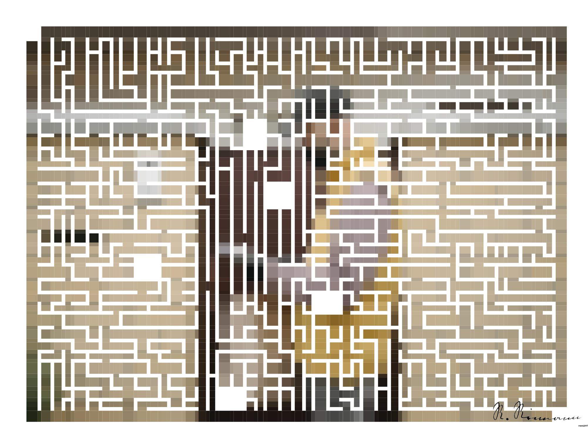 Drawn by bot mrmjk7fnfftQPG5VzumMft; art-amaze; Delivery person wearing mask and gloves, holding a paper bag by a brick wall and gate. AI Art