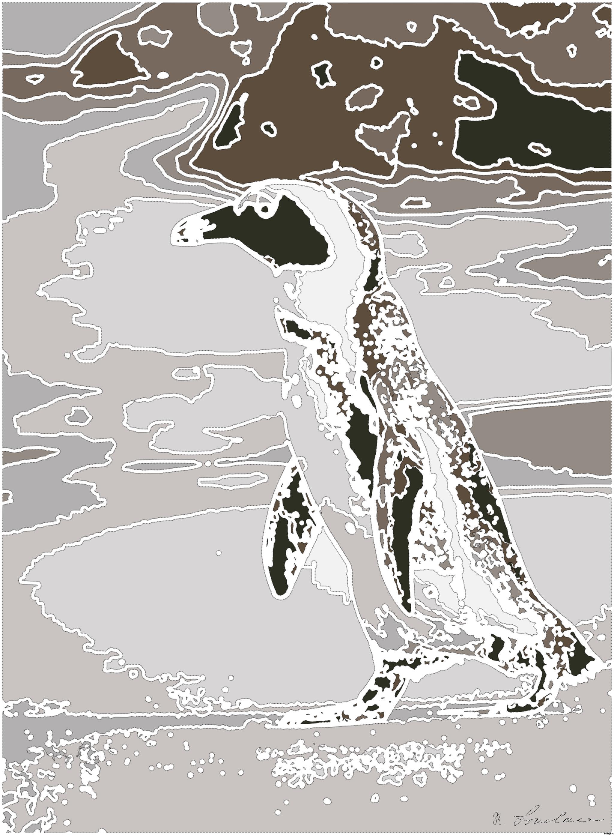 Drawn from photo on Pexels: A solitary African penguin strolls along a sandy beach, showcasing its distinctive black and white feathers. AI Art