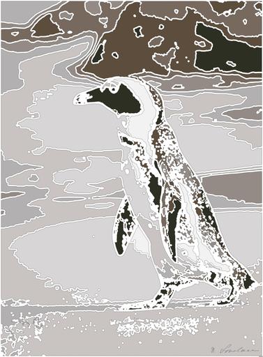 Drawn from photo on Pexels: A solitary African penguin strolls along a sandy beach, showcasing its distinctive black and white feathers. AI art