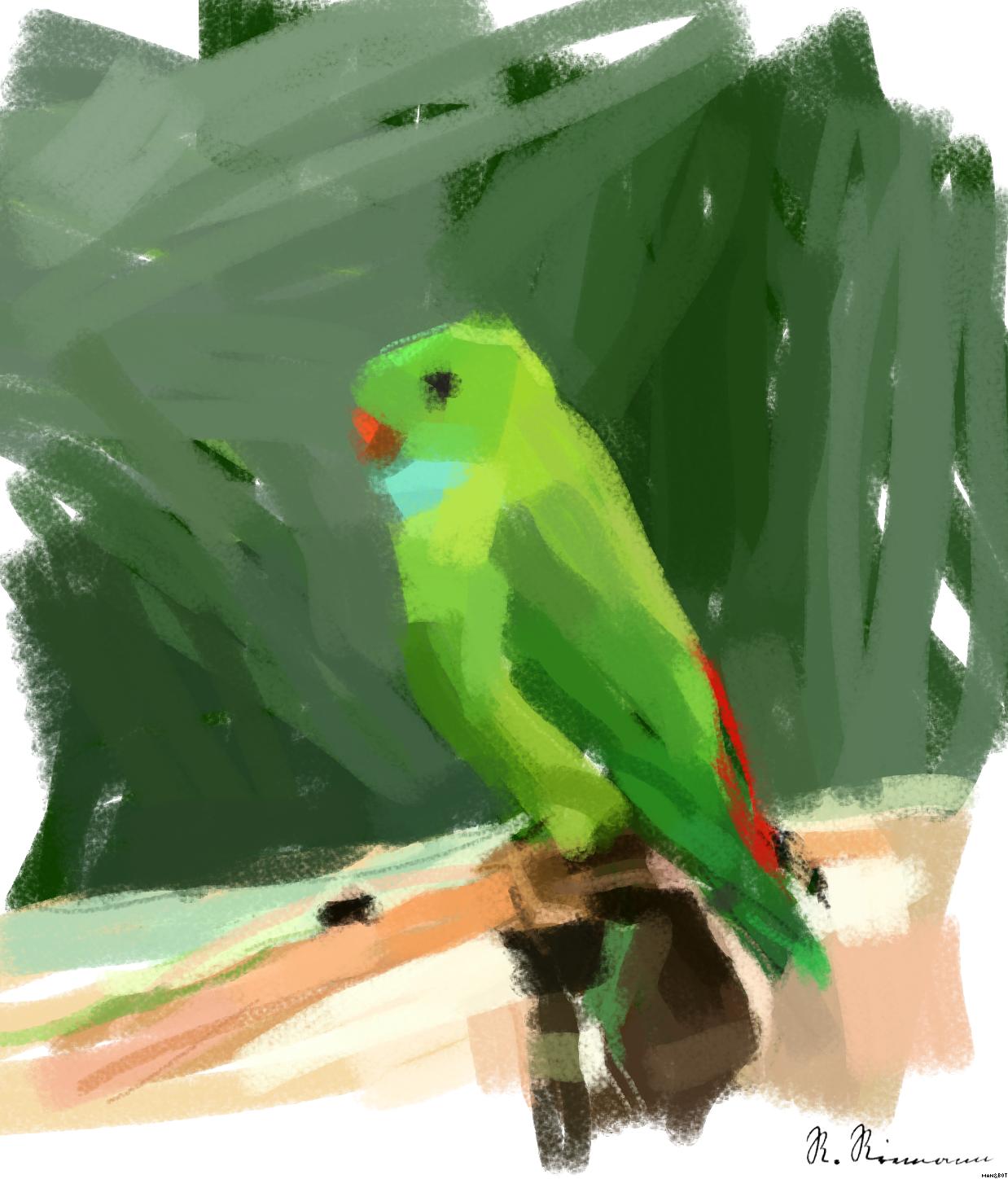 Drawn by bot j4MzuDP3VPMB6NgNbuVYm3; art-primitive-paintbrush-ii; A vibrant green parrot with colorful plumage perched on a branch in a tropical setting. AI Art