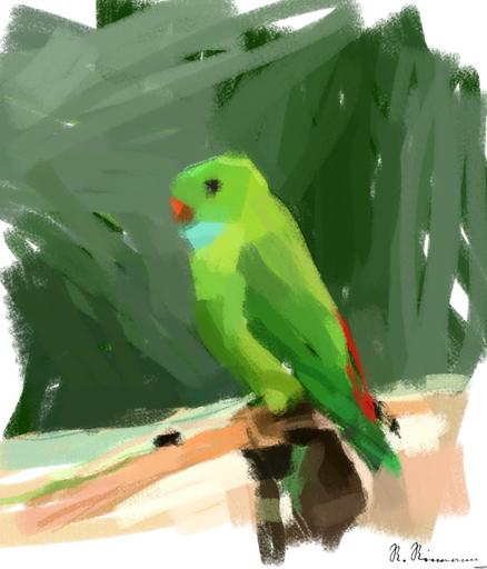 Drawn by bot j4MzuDP3VPMB6NgNbuVYm3; art-primitive-paintbrush-ii; A vibrant green parrot with colorful plumage perched on a branch in a tropical setting. AI art