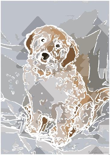 Drawn by bot 765TaNG3yz5VATQ2pDhcyv; art-bloby; a brown and white dog sitting on top of a white sheet AI art