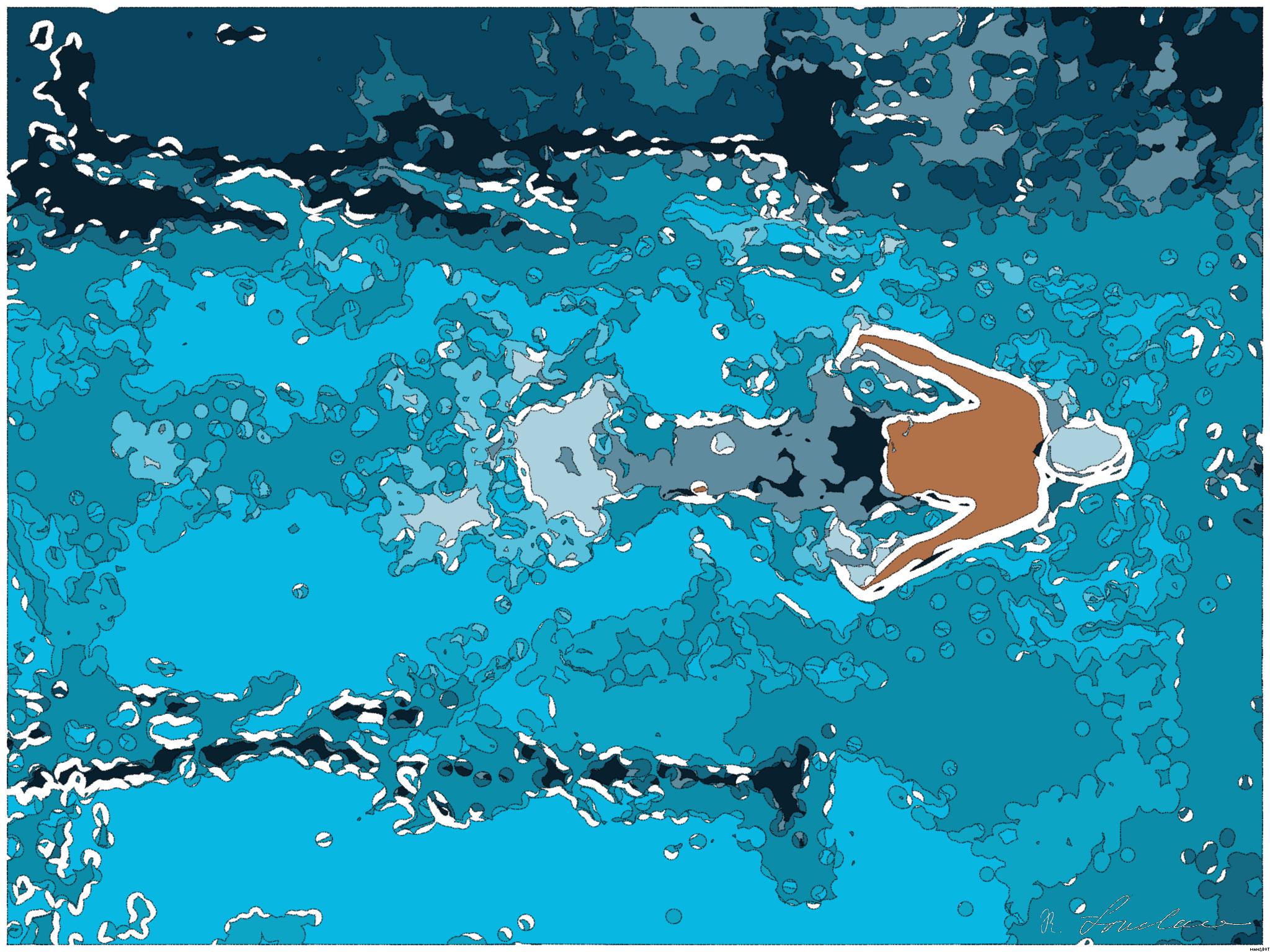 Drawn by bot kc7qzjkA4aiXQKopWwhUMy; art-bloby; Top view of a swimmer wearing a cap, performing a front crawl stroke in a clear blue swimming pool. AI Art