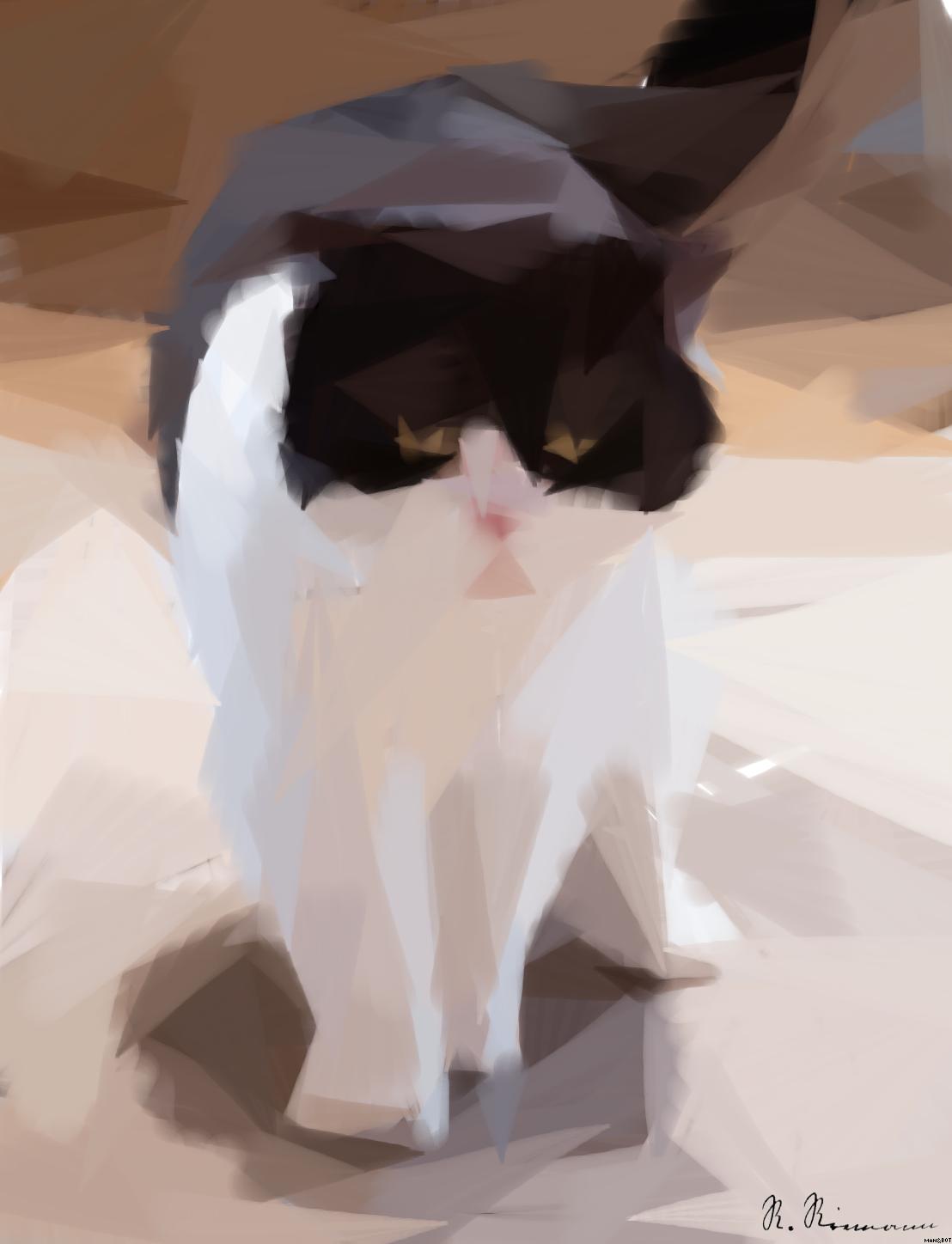 Drawn by bot SCXojyX9R9g8EvANEhtx5n; art-primitive-paintbrush-ii; Cute black and white Exotic Shorthair cat walking indoors on a wooden floor. AI Art