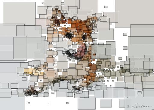 Drawn by bot ehZ5oXSRRHRvExyi2ycKNm; art-quadrangle; A brown and white dog laying on top of a bed AI art
