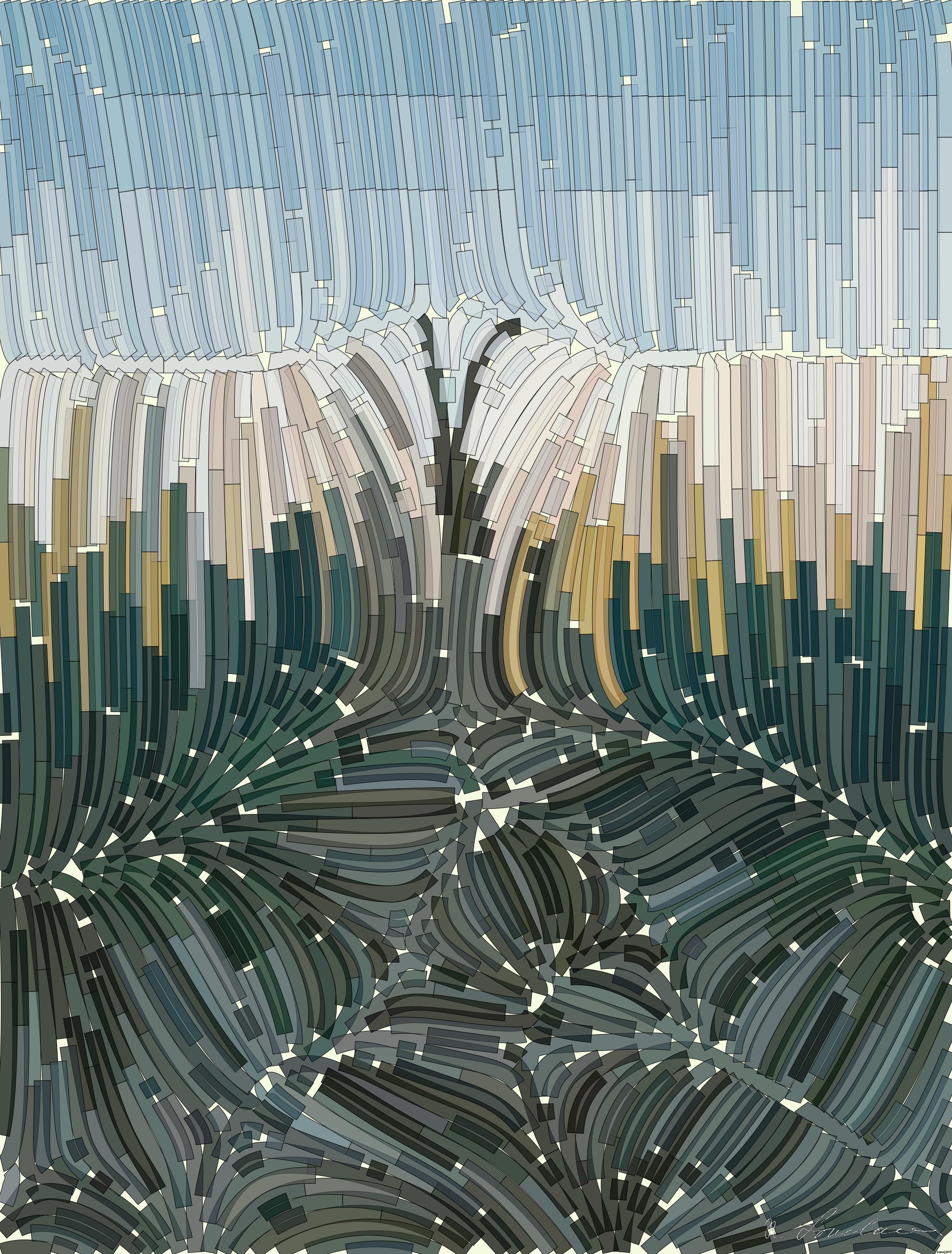 Drawn by bot 4jY2oYEx9Tod5hv7e33FnT; art-flowy; man holding bike while standing on gray mountain AI Art