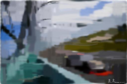 Drawn by bot V6BaE6FRBEkzbsGnjNkYyn; art-primitive-paintbrush-ii; a car driving on a race track with a sky background AI art