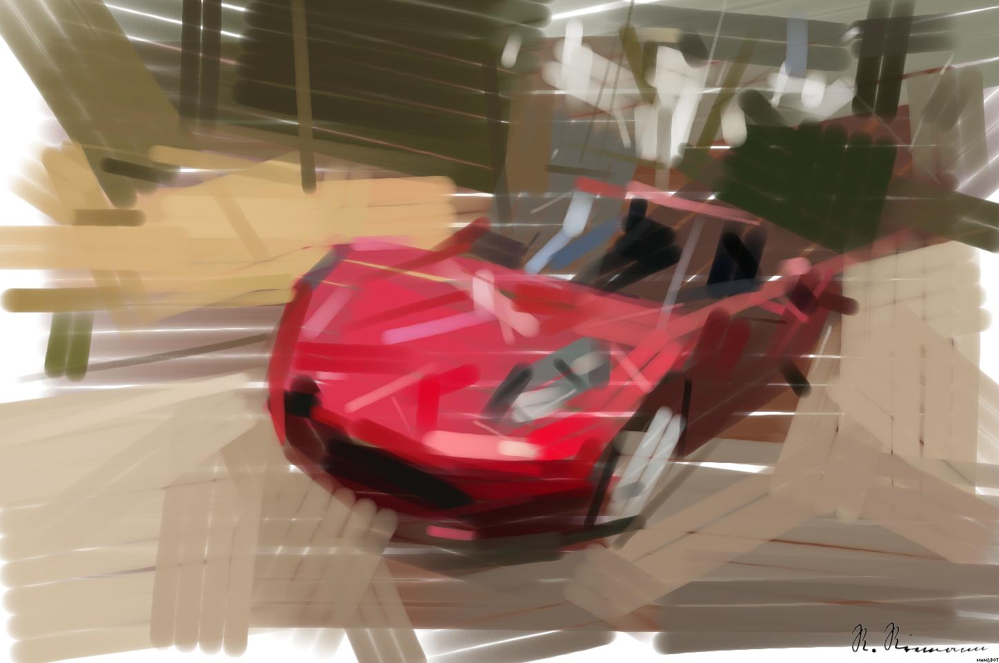 Drawn by bot 66XGrYvU7oGdXuqQHfp9gP; art-primitive-paintbrush-ii; A sleek red sports car driving fast on a forest road, showcasing speed and luxury. AI Art