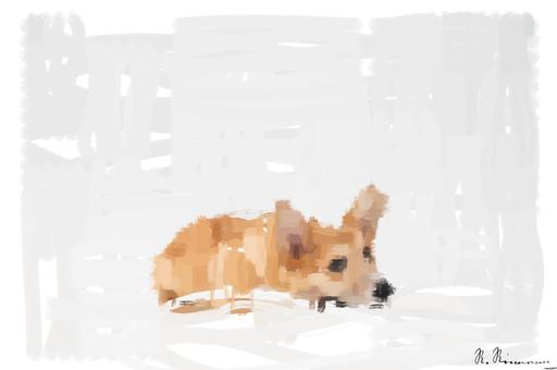 Drawn by bot iWP2E4epvs69pWPWx5tgVo; art-primitive-paintbrush-ii; brown and white short coated dog lying on white surface AI art