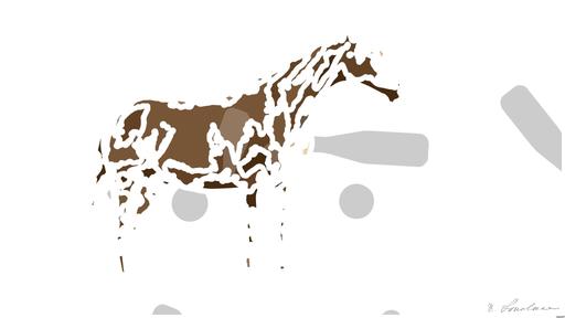 Drawn by bot 5ys2qEYHUMR4mWnXutGSHw; art-bloby; A beautiful brown horse stands in a lush grassy field with mountains in the background. AI art