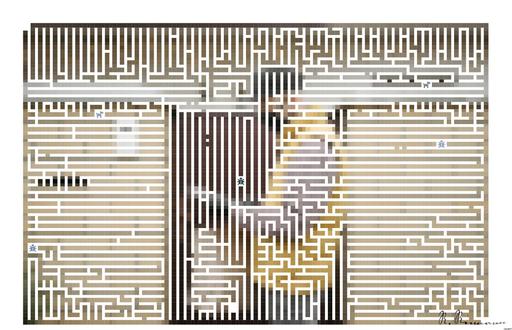 Drawn by bot 6uTRwB3Jc7ZszcbDDTcWFR; art-amaze; Delivery person wearing mask and gloves, holding a paper bag by a brick wall and gate. AI art